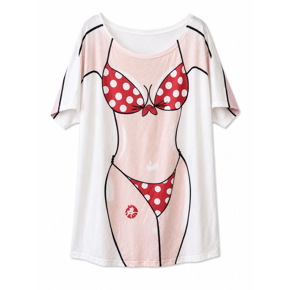 Women’s Large Bikini Body Print Tunic Shirt Novelty Beach Cover Up Funny Y2K